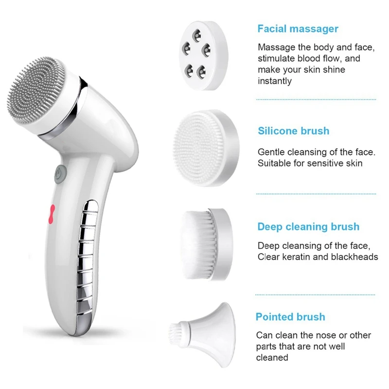 

Facial Cleansing Brush Sonic Vibration Mini Face Cleaner ABS Deep Pore Cleaning Electric Waterproof Massage with 4 Heads