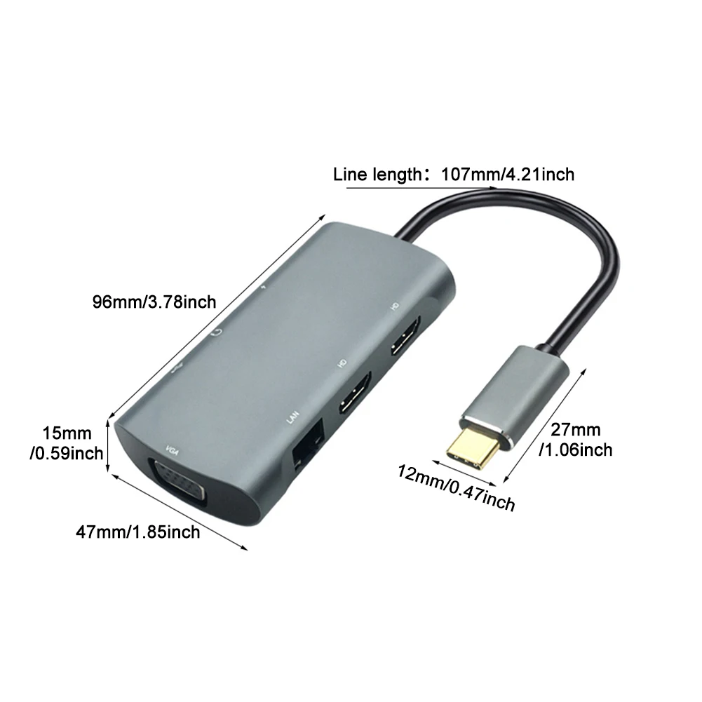 

7 In 1 Type C To HD VGA RJ45 USB Hub Aluminum Alloy Computer Docking Station Gigabit Ethernet HDMI-Compatible Audio Convertor