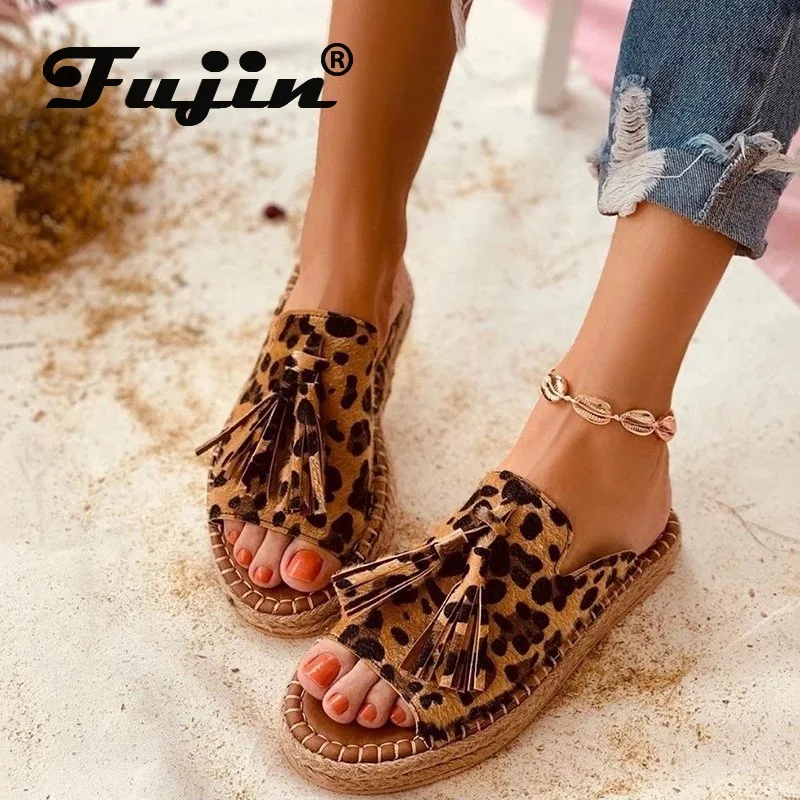 Fujin/летние женские шлепанцы Модель 2020 года Обувь из флока на плоской подошве с