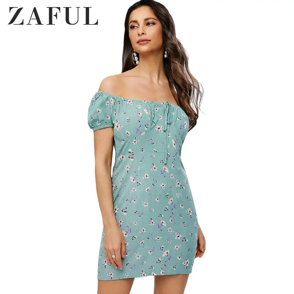 ZAFUL платье с открытыми плечами и бантом украшенное цветочным принтом коротким