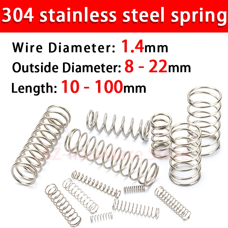 

304 Stainless Steel Compression Spring, Return Spring, Steel Wire Diameter 1.4mm Outside Diameter 8~22mm 10 Pcs