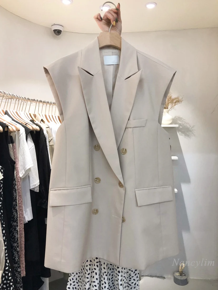 

Korean Style Vest Women's Outwear Clothing 2021 Spring New Elegant Double Breasted Sleeveless Waistcoat Lady