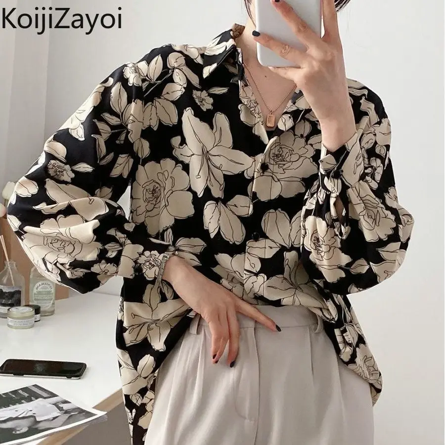 

Koijizayoi Vintage Flower Blouse Long Sleeves Turn Down Collar Women Fashion Shirt Office Lady Chiffon Spring Autumn Blusas New