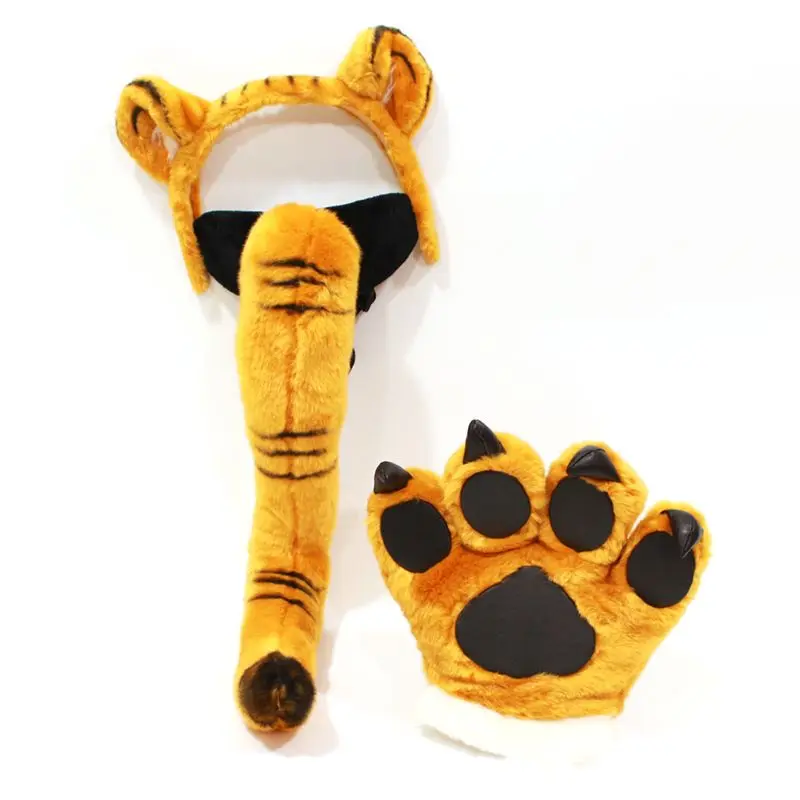 

Plush Kids Tiger Party Costume Set Performance Props Cute Headband Tail Paws, White for Cosplay Party