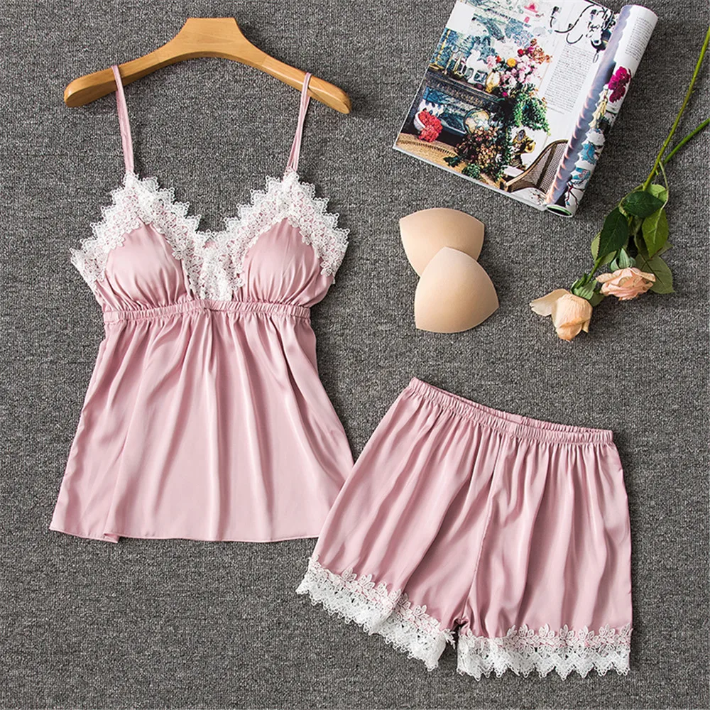 

2020 Silk Pajamas Women Sexy Lace Trimmed Nightwear Satin Pajamas With Shorts 4-Piece Sleepwear Suits Casual Home Clothes