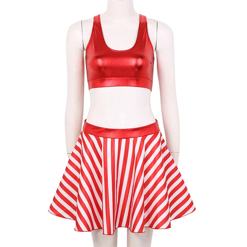 ChicTry женский красный блестящий металлический укороченный топ с полосатой юбкой