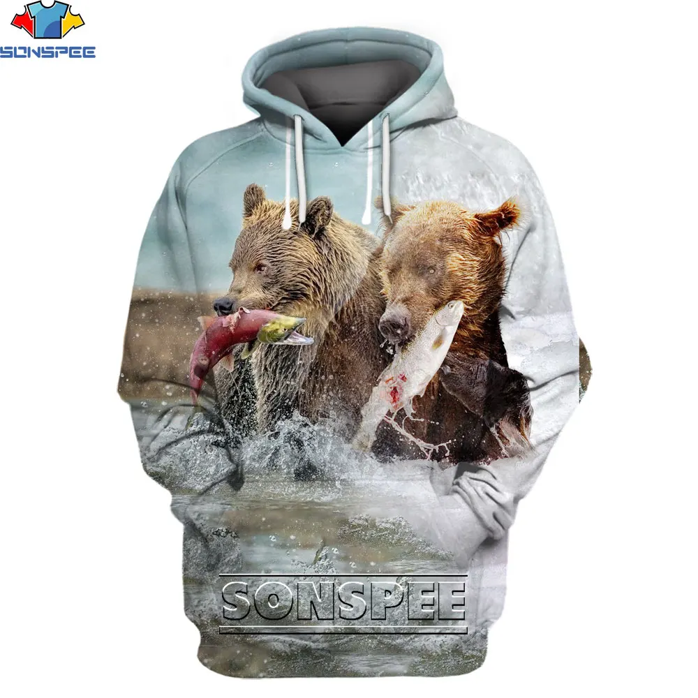 

SONSPEE Russian Bear Hunting Fishing Animal 3D Patchwork Hoodie Men's Women's Hip Hop Clothing Hooded Jacket Street Clothing
