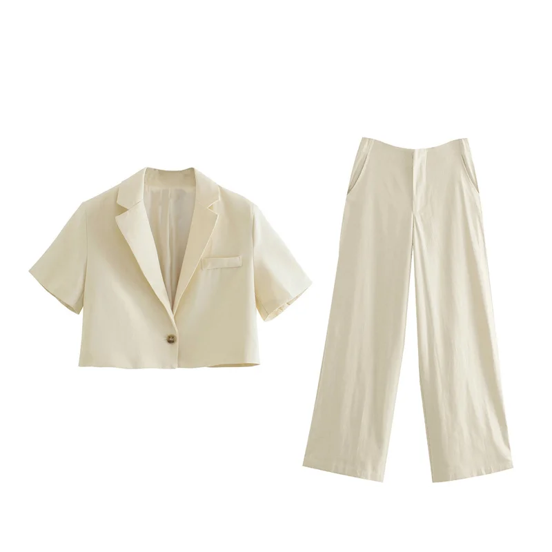 

Za 2021 Summer Linen Crop Blazer Woman Casual Short Sleeve Lapel Button Blazers Loose High Waist Straight Leg Woman Pants Suits