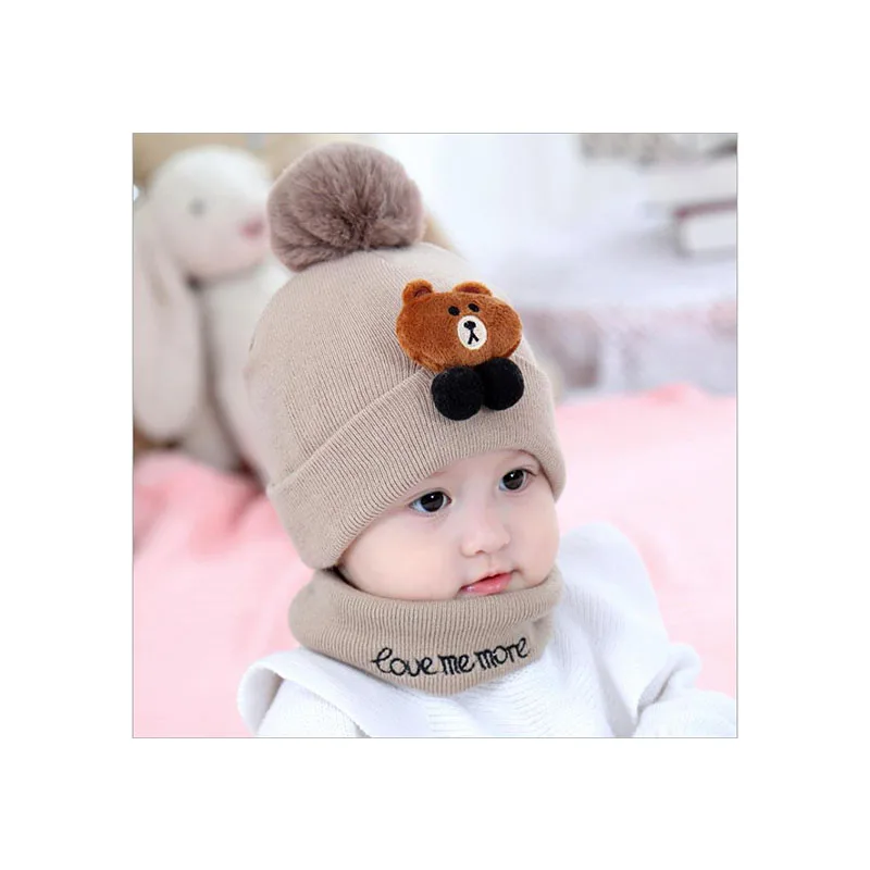 Khaki hat scarf Новая детская шапка, шарф, осенняя и зимняя вязаная шапка в Корейском стиле для новорожденных мальчиков и девочек, шапка с помпонами, зимняя теплая шапка b - Цвет: Khaki hat scarf