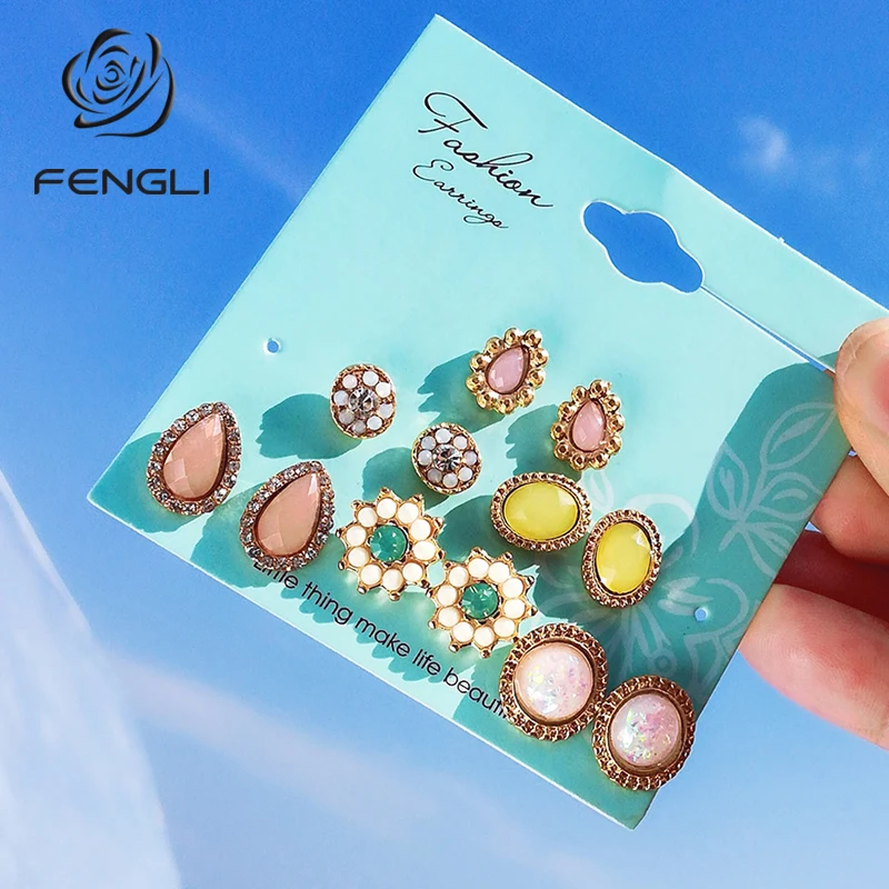 Женские серьги гвоздики FENGLI разноцветные Винтажные с кристаллами циркония и