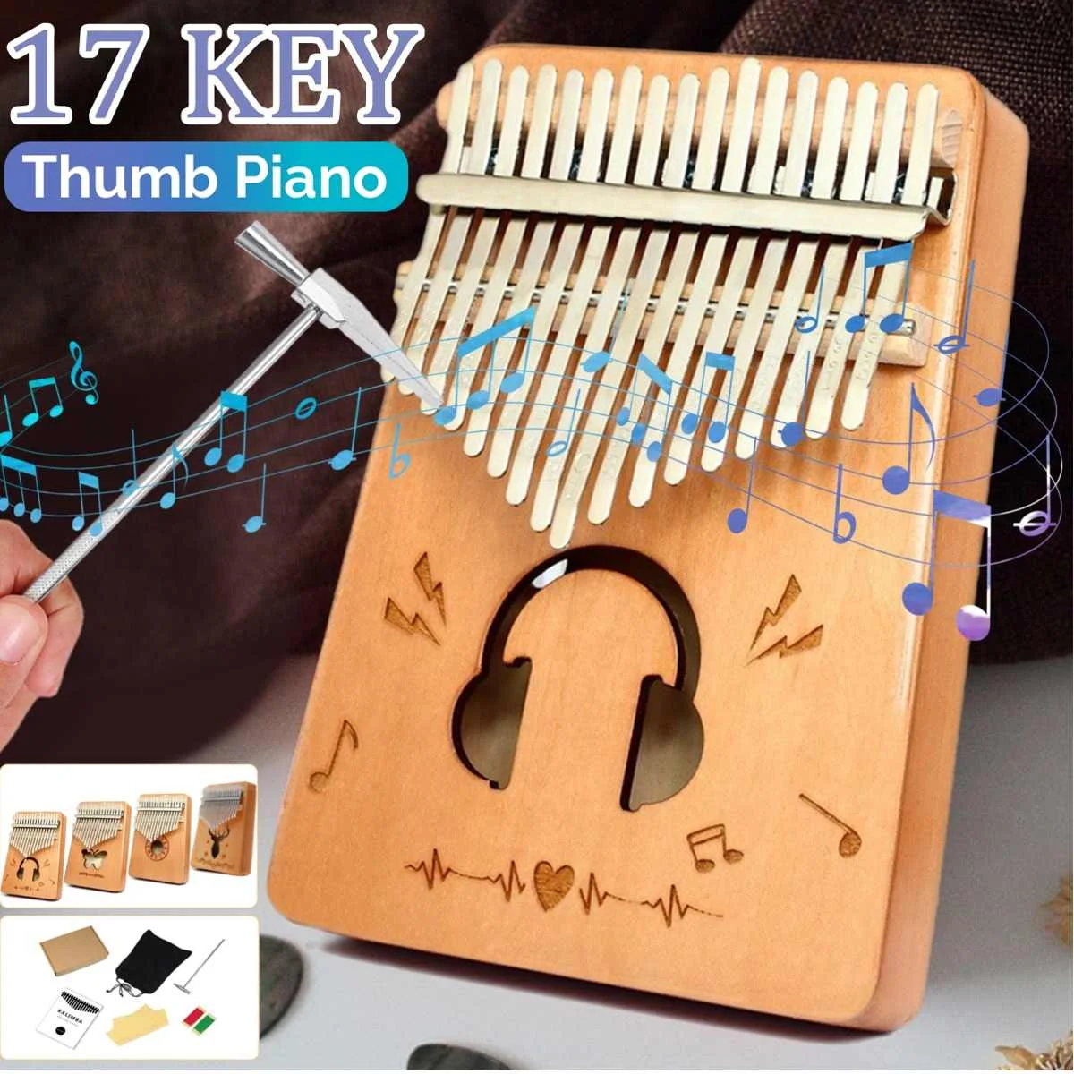 

17 клавиш, пианино для большого пальца из красного дерева с сумкой, комплект молотков и музыкальный комплект, портативное пианино для большо...