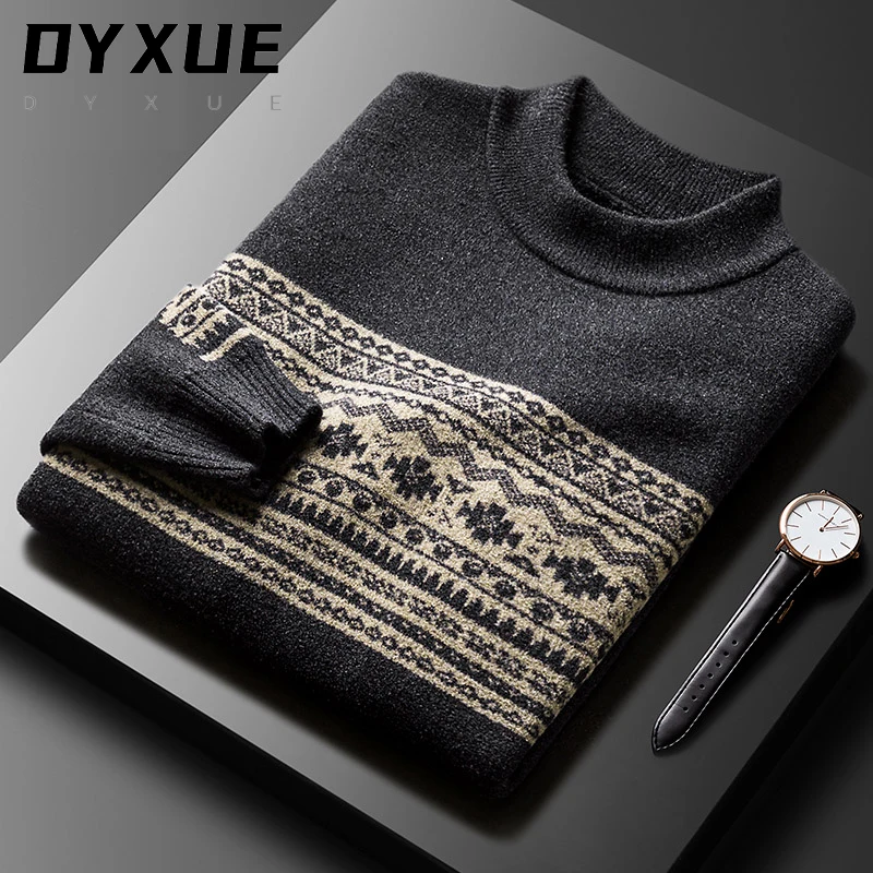 

2021 New Brand winter sweater men's Korean ethnic jacquard warm thickened long sleeve round neck knitted pullover high quality