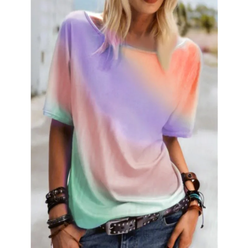 

2021 Summer Round Neck Rainbow Print T-shirt Loose Casual New Style Top Ladies Fashion Casual Comfortable Multicolor Rainbow Top