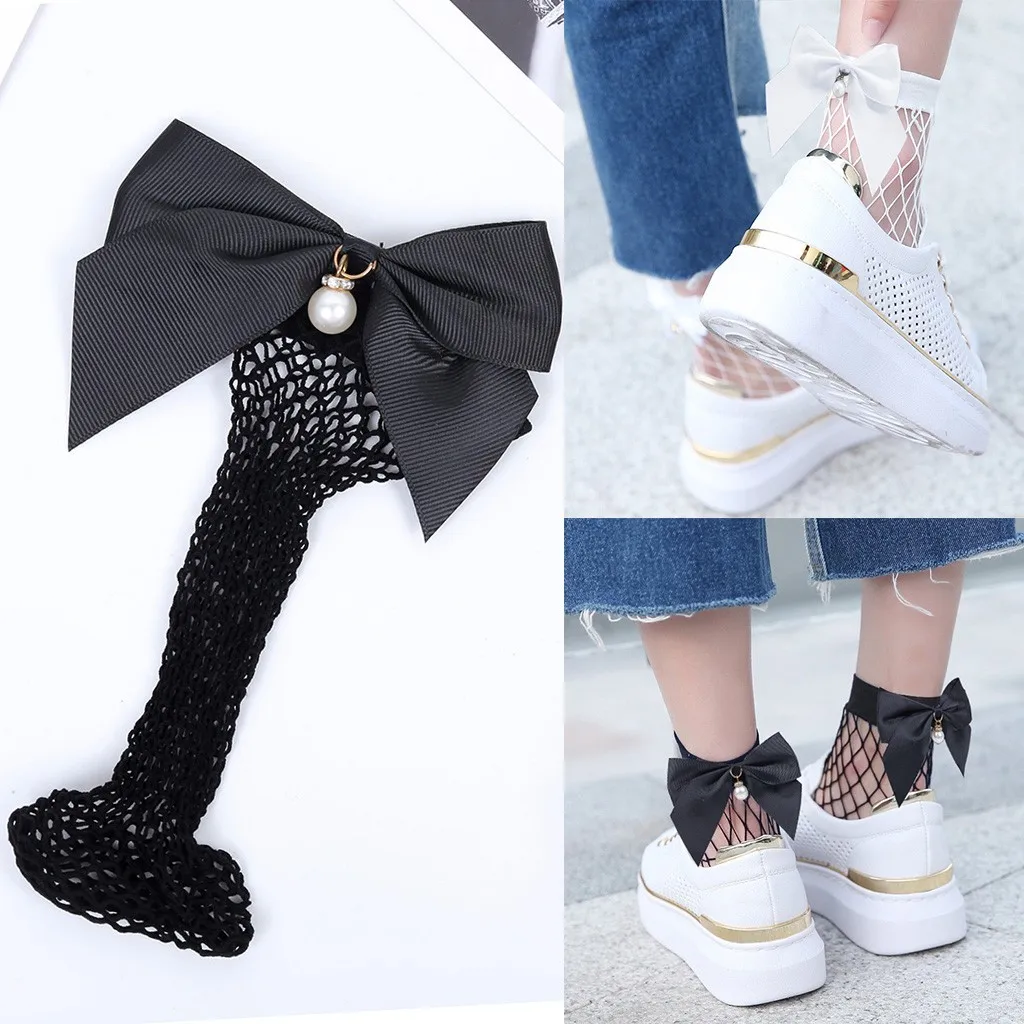 

Women Solid Color Fishnet Ankle Short Socks Bow Thin Mesh Lace Fish Net Transparent Breathable Elastic Soft Short Socks