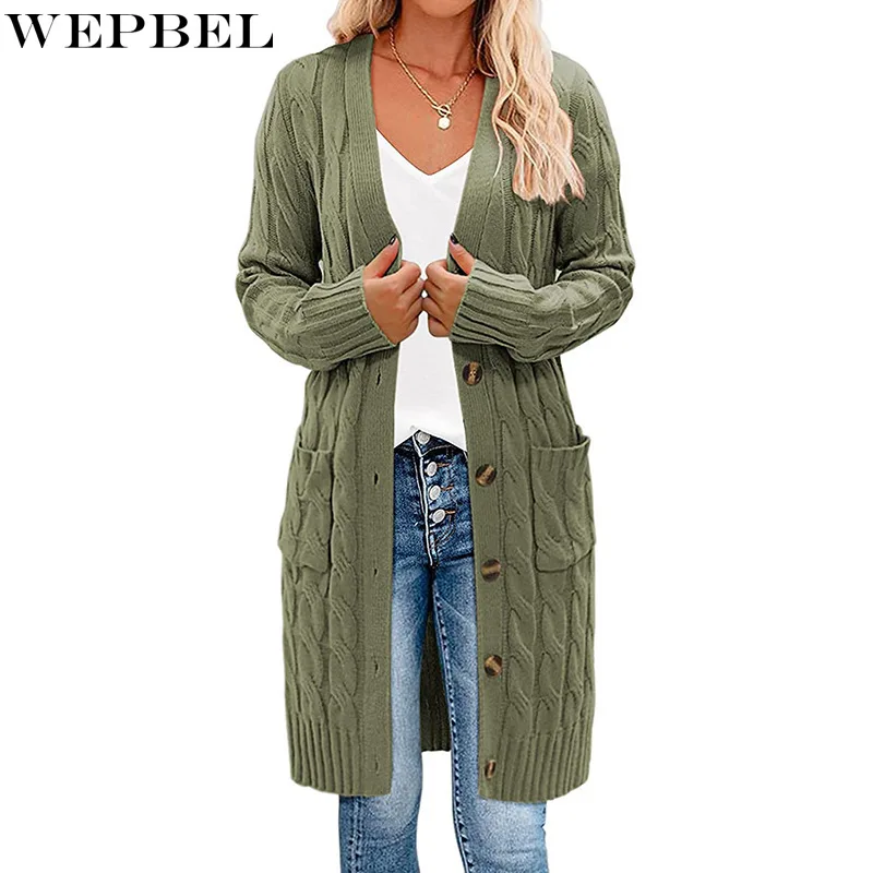 

WEPBEL Long Sleeve Sweater Women's Casual Slim Solid Color Pocket Splicing Coat Autumn V-neck Single Breasted Cardigan Sweater