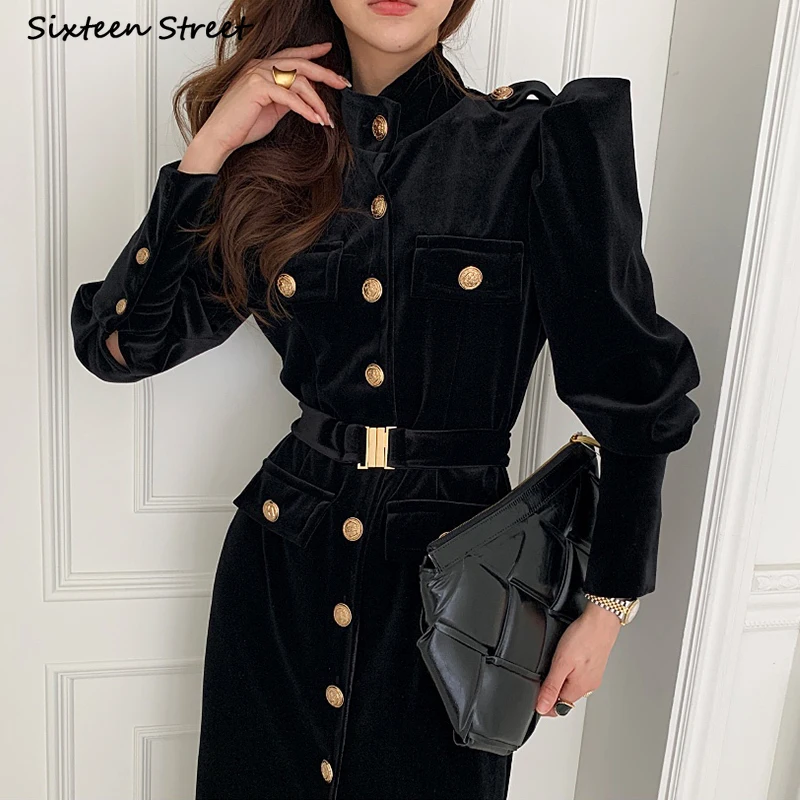 autumn winter golden button black dress for women chic vintage vestido maxi dresses ladies office business korean clothing free global shipping