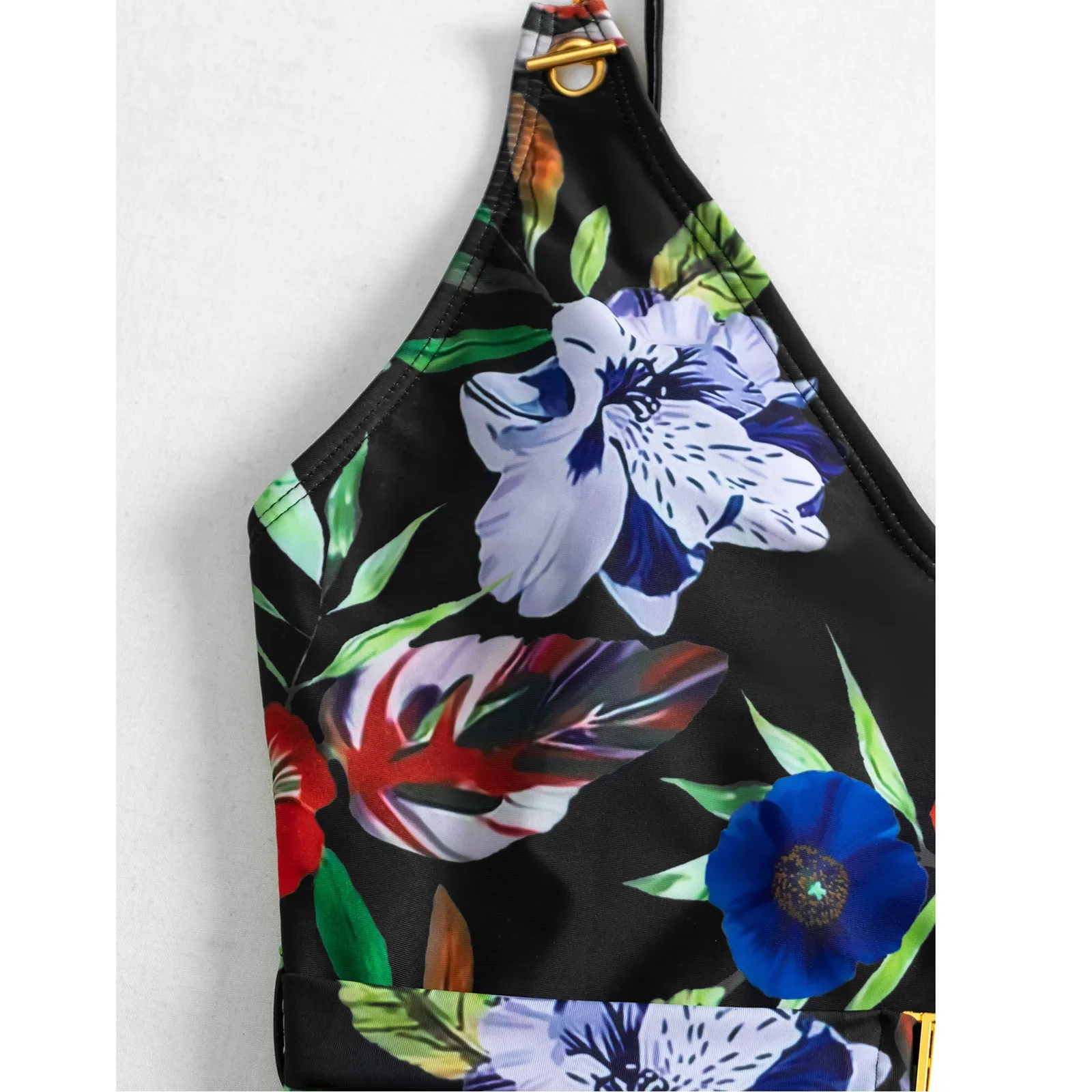 

Sexy One-piece Chain Strap Swimwear 2021 High Cut Swimming Suit Women Floral Print Buckle Swimsuit Push-up Padded Bikini Set