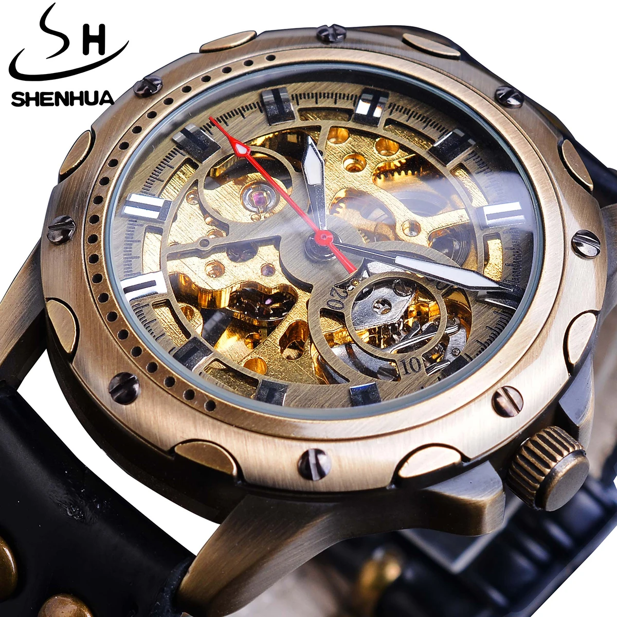 

SHENHUA Classic Automatic Mechanical Hollow Antique Engraving Dial Design Waterproof Bronze Bell and Ross WristWatches For Men