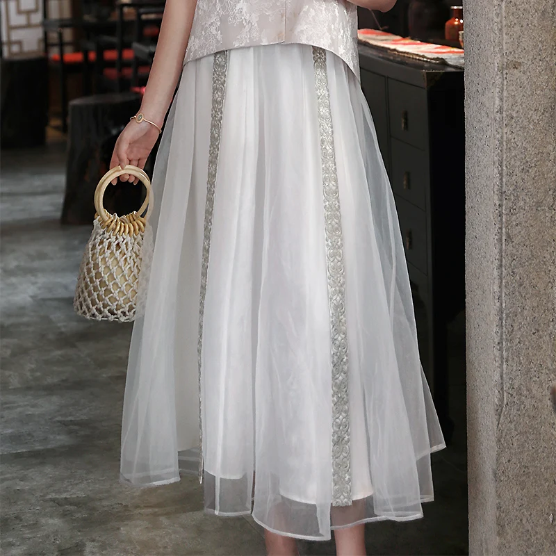 Half-Length Summer Gauze Skirt Loose Retro Chinese Style Embroidery Organza Elegant Elastic Waist Women's Clothing S-XXL