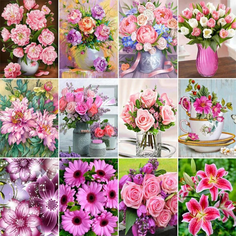 

Diamond Painting Pink Flower Needlework Diamond Embroidery Floral Crystal Mosaic Picture Of Rhinestone Wedding Room Home Decor