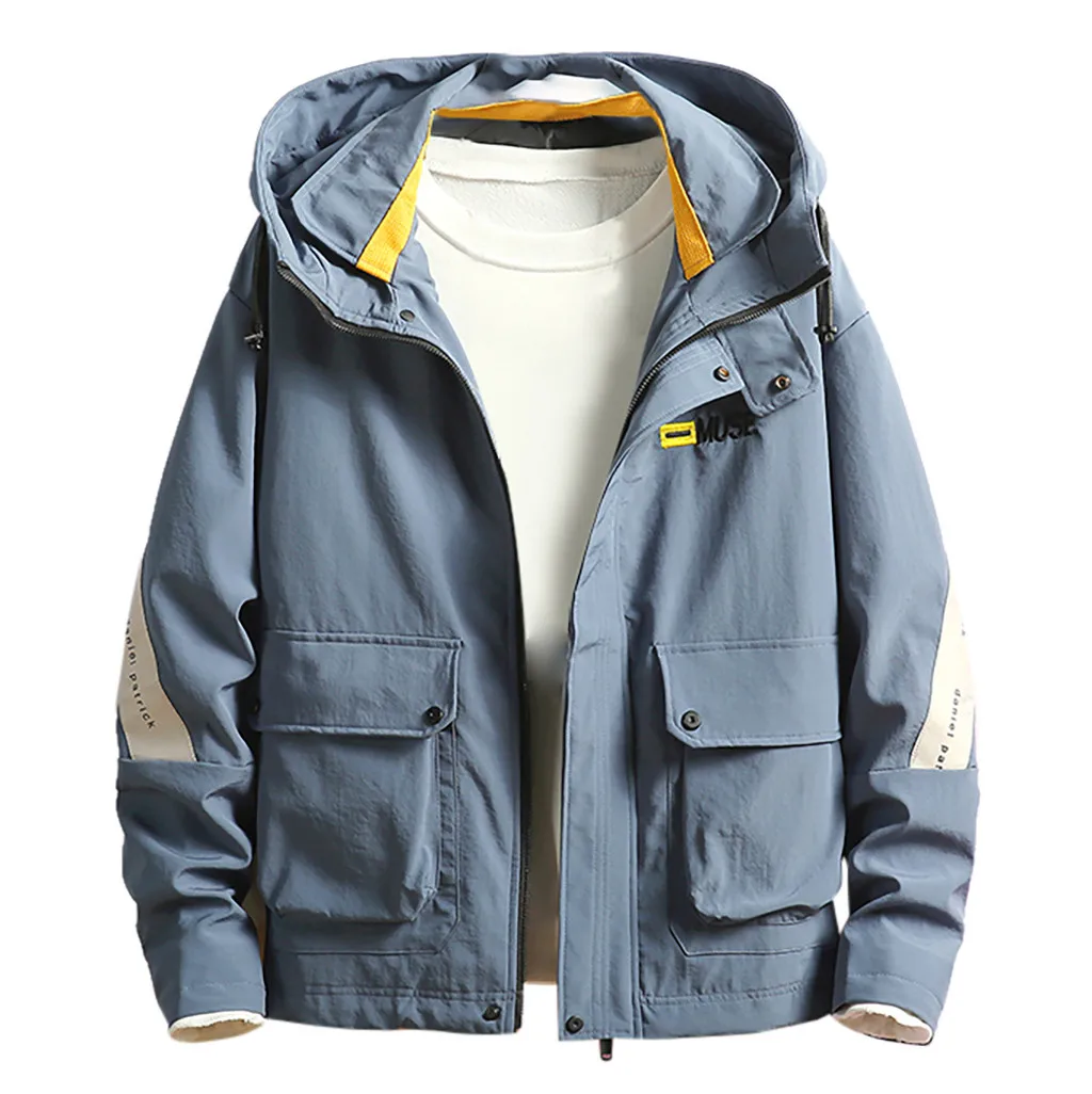

Men Autumn Winter Casual Fashion Patchwork Hoodie Multi-Pockets Outwear Coat