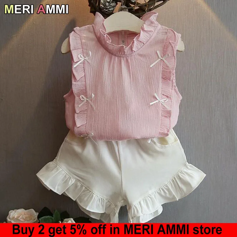 MERI AMMI комплект одежды для девочек с героями мультфильмов, футболка без рукавов с героями мультфильмов+ шорты с бантом, комплект одежды для девочек возрастом от 2 до 7 лет J517