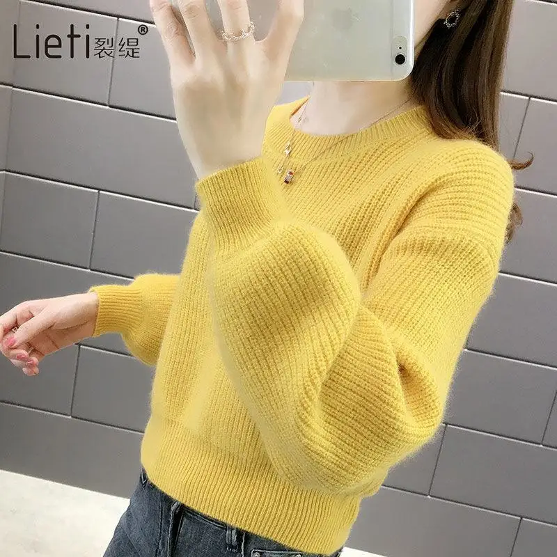 

2020 New O-Neck Sweater Women's Autumn/Fall Outwear Loose Short Pullovers Cotton Knitted Striped Pinted Based Shirt Female Tops