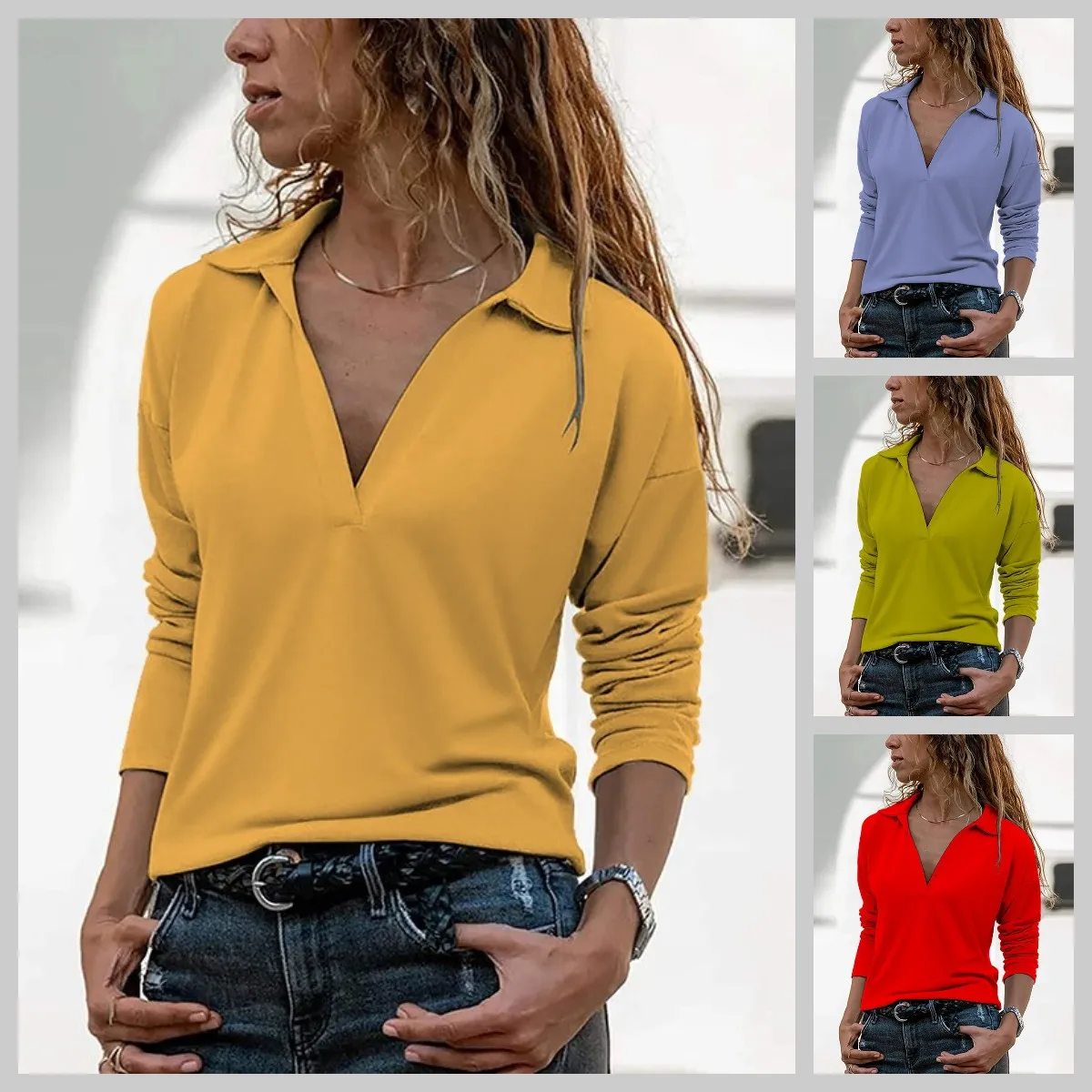 

Autumn Fashion Casual Solid Color Warm Color Series V-neck Long-sleeved Top Slim Pullover T-shirt Woman China (mainland)