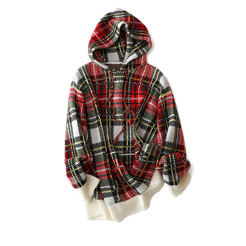 

Japan Style Plaid Woman Sweaters 100% Cashmere Hooded Free Shipping Items Clothes for Women Women Winter Sweater Clothes