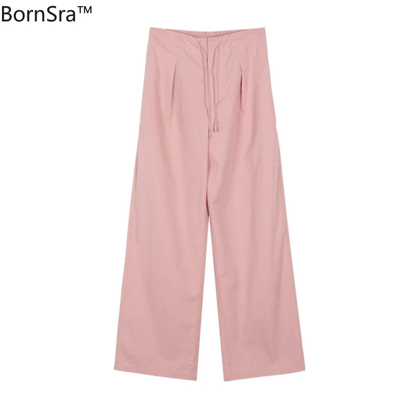 

Bornsra Drawstring Solid Casual Pants Women's 2021 Summer Korean High Waist Loose Wide Leg Straight Pants# Xkx210313
