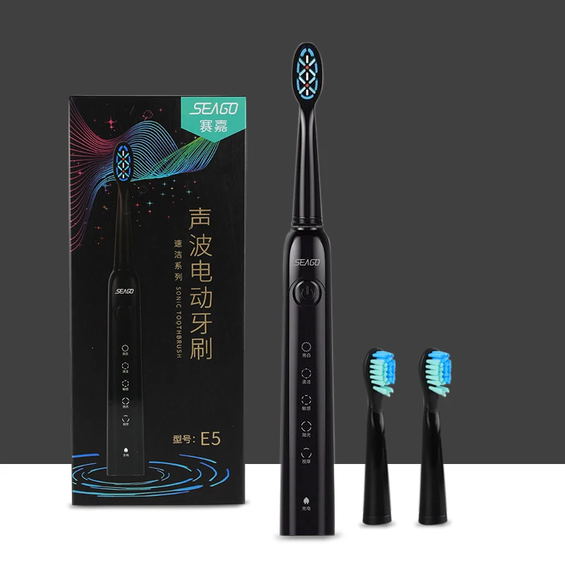 black SEAGO Sonic автоматическая щетка для взрослых, Здоровье полости рта, умная зубная щетка с таймером и 7 сменными головками - Цвет: black