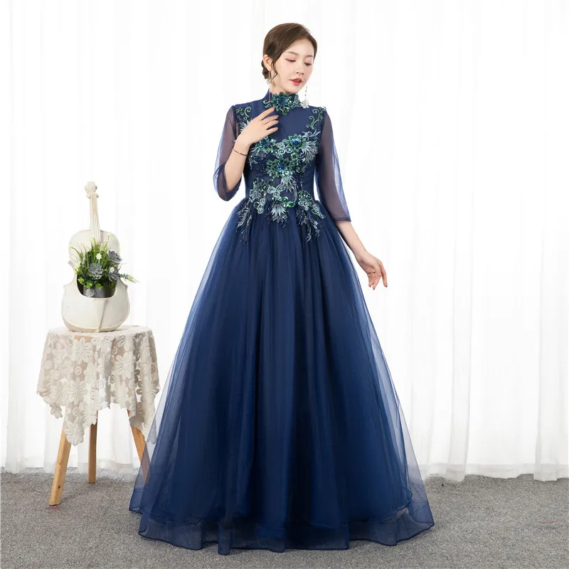 

Floral Print Quinceanera Dresses Navy blue A-line Three Quarter lace up Prom Dress Puffy Masquerade Ball Gowns