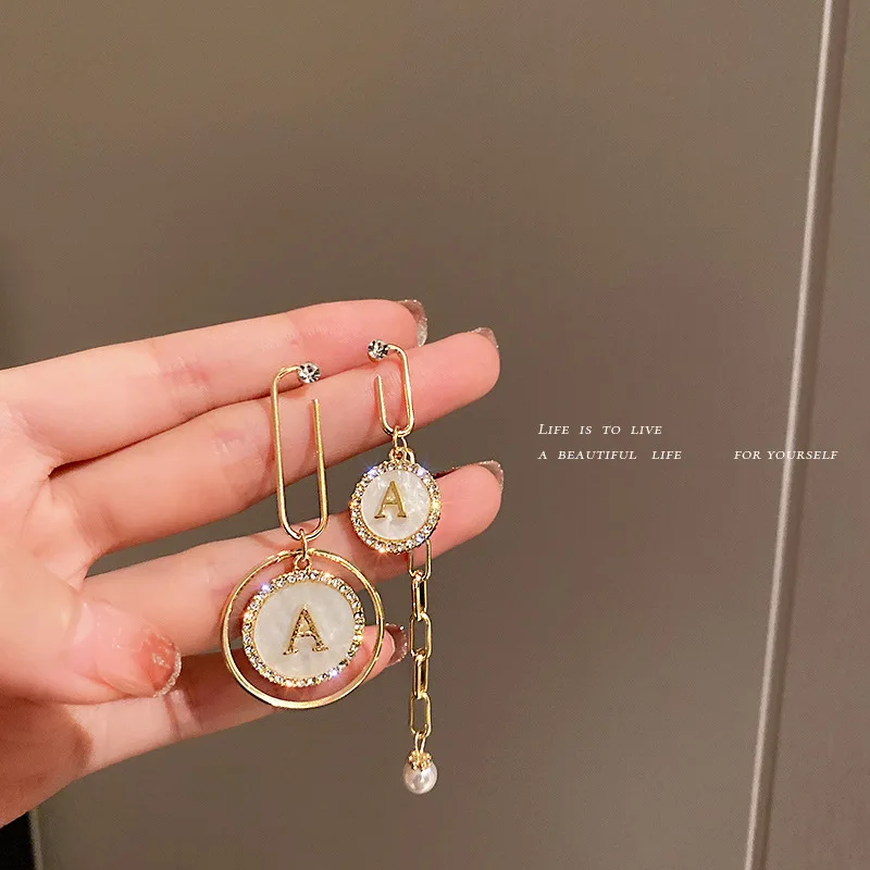 

925 Silver Needle Diamond Inlaid Shell Letter A Circle Korean Personalized Asymmetric Minority Design Earrings