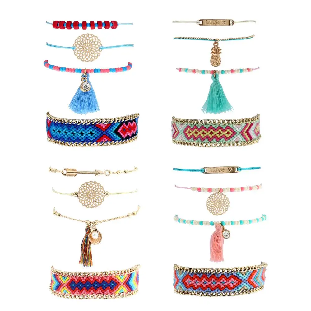 Boho 4 шт стек хлопок кисточка браслет дружбы для женщин и девушек разноцветный
