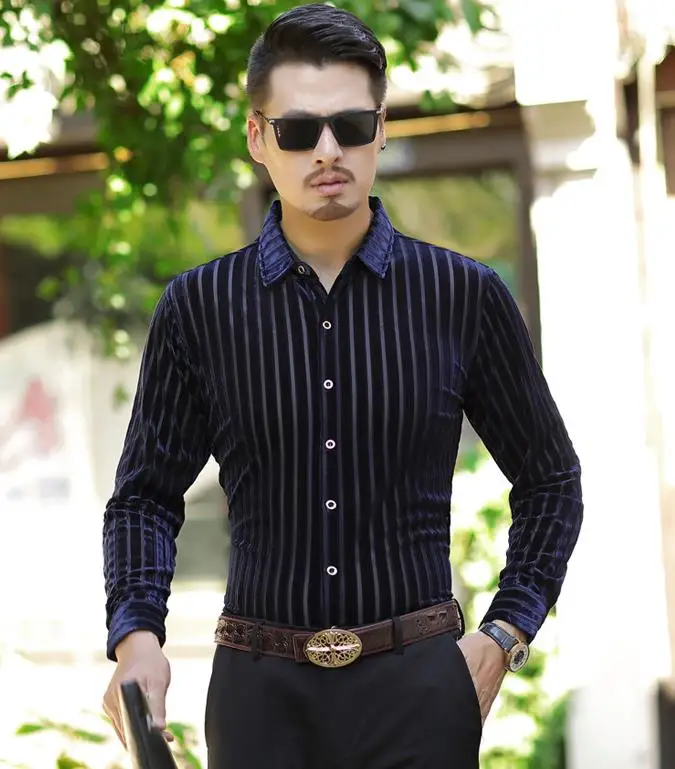 Шелковые мужские прозрачные бархатные полосатые тонкие сексуальные рубашки с