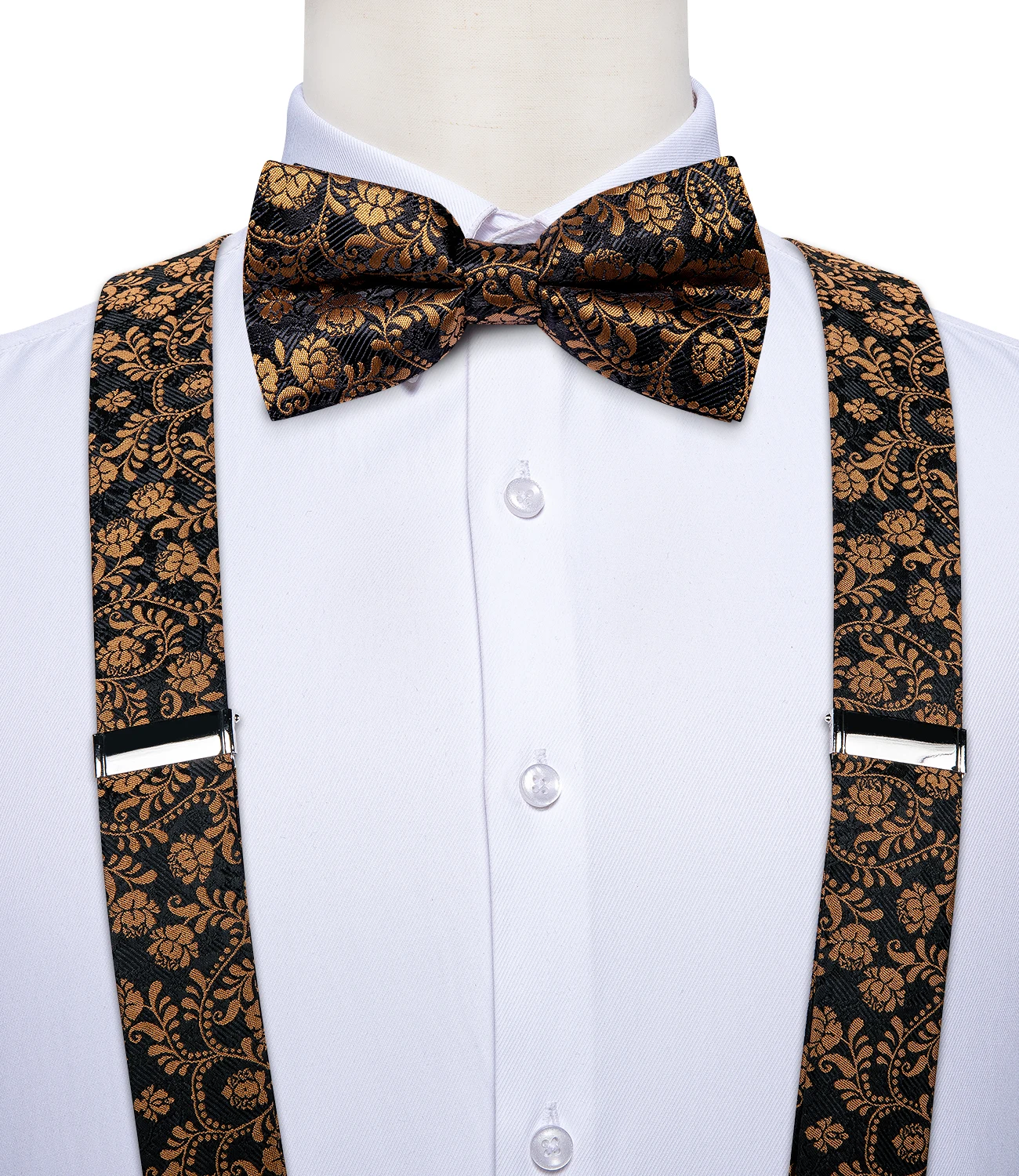

Luxury Gold Floral Mens Suspender Wedding Party Accessories Leather 6 Clips Braces Elastic Y-back Suspenders Bow Tie Set DiBanGu