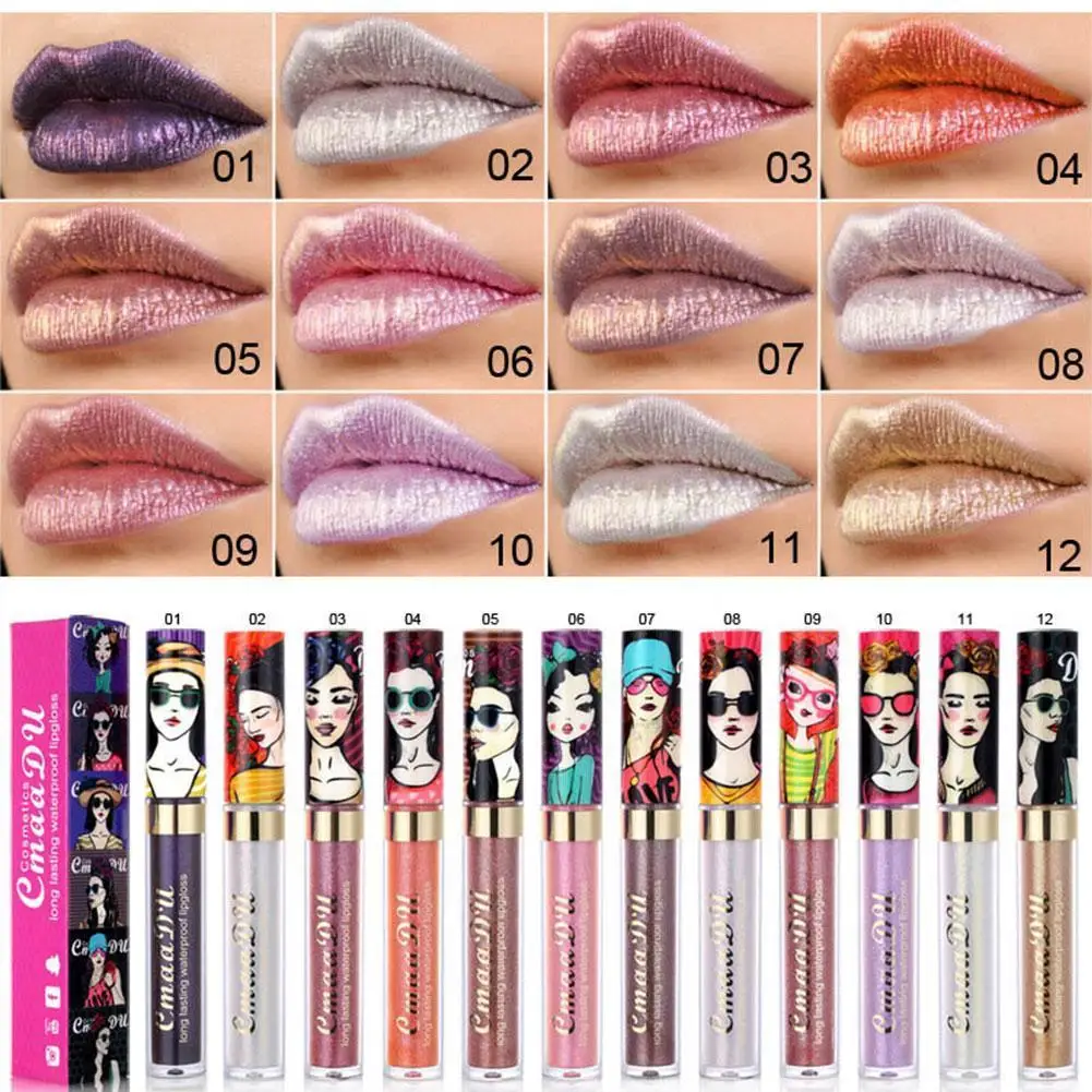 

12 Color Cmaadu Shimmer Lip Gloss Beauty Girl Diamond Glitter Lip Tint Waterproof Long Lasting Gold Flash Liquid Lipstick Beauty