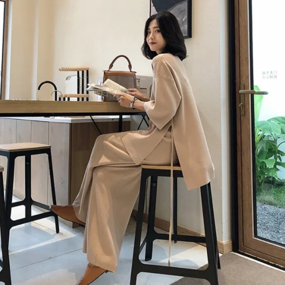 

Knitting Female Sweater Pantsuit For Women Two Piece Set Knitted Pullover V-neck Long Sleeve Top Wide Leg Pants Suit