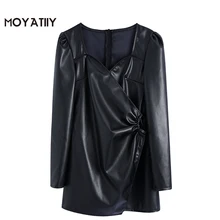 Moyatiiy moda feminina de couro falso preto mini vestido 2022 novo clássico querida colarinho vestidos volta zíper feminino (2)