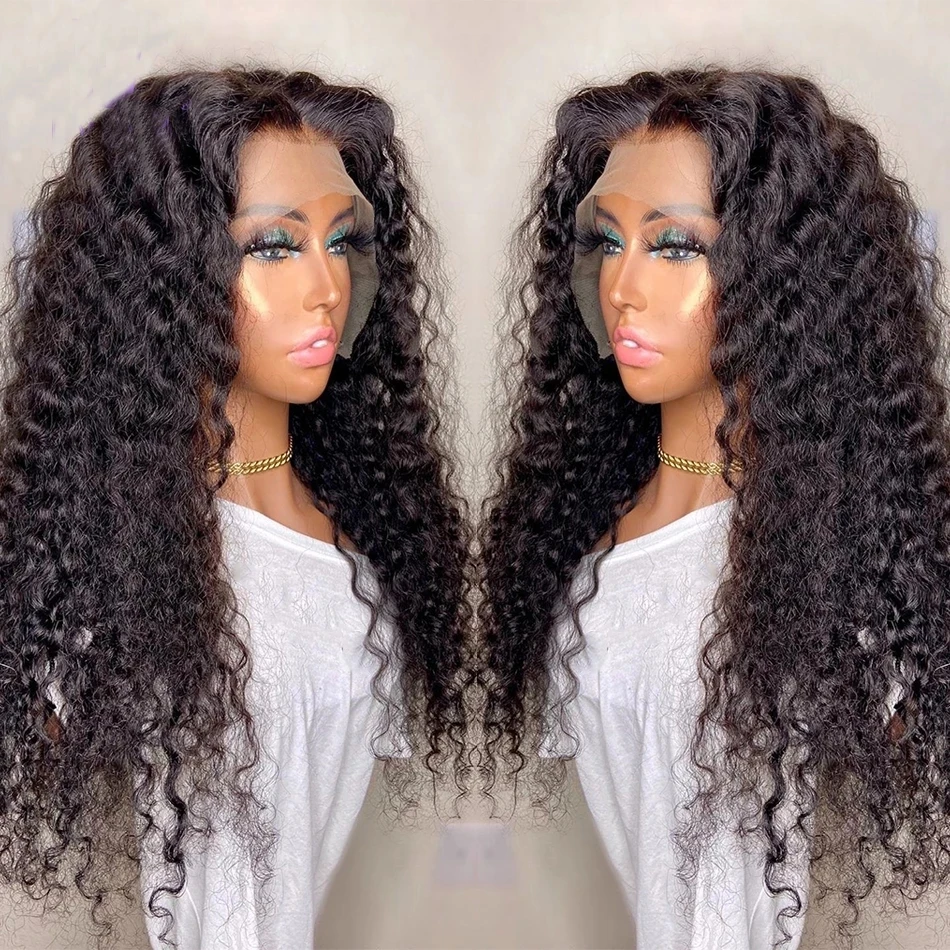 

Deep Wave Black Color Human Hair Lace Front Wig For Women 360 Frontal Natural Hairline Glueless Preplucked T Part 200%Density