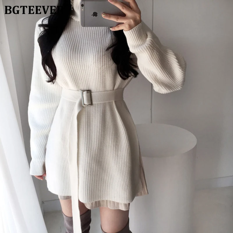 BGTEEVER зимние винтажные водолазка средней длины свитера для женщин с поясом