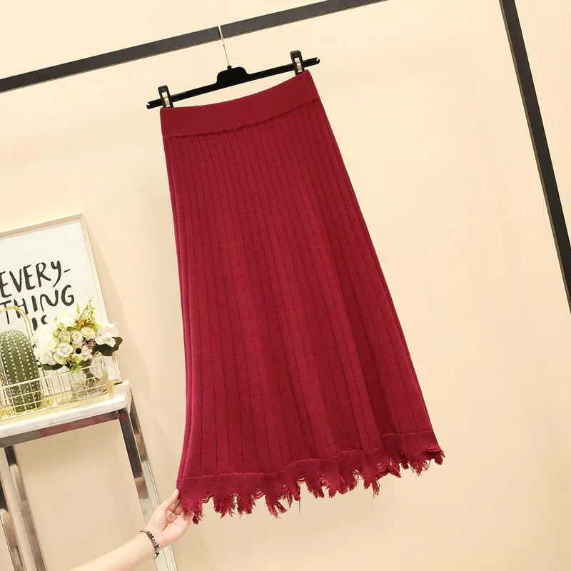 

Grey Red Thick Knitted Split Plus Large Size Oversize Korean Style Fashion Autumn Women'S Clothing 2021 Casual High Waist Skirts