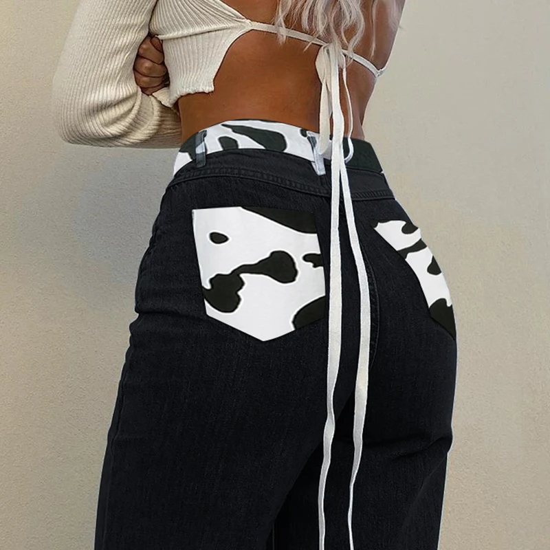 

2021 High Waist Streetwear Pants Grunge Style 90s Denim Jeans Cow Patchwork Fashion Women E-girl Trendy Trousers Dropshipping
