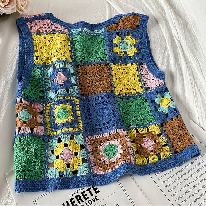 Bohemian Floral Embroidery Crochet Vest Women Sleeveless Waistcoat Summer Knit Vests Crop Top Vintage Chaleco Mujer | Женская одежда