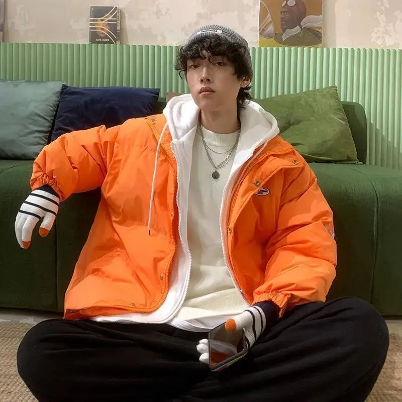 Autumn and Winter New Fashion Trend Fake Two Loose Simple Pure Color Hooded Stitching Cotton-padded Jacket Warm Down Jacket