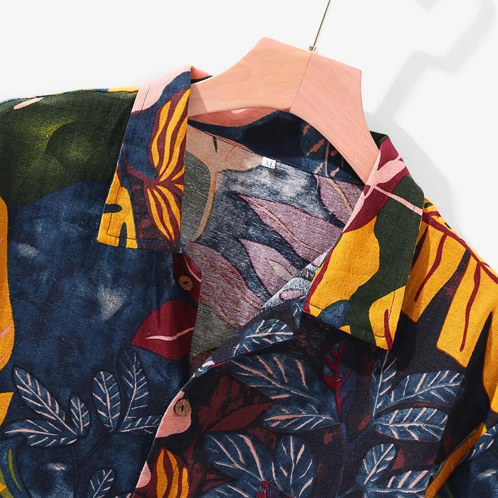 

2021 Spring and Summer New Men's Short Sleeve Hawaiian Leisure Holiday Style Printed Linen Mens Beach Hawaiian Shirt camisa