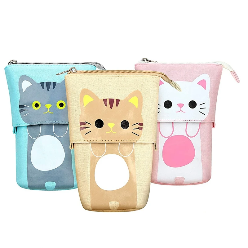 

3Pcs Pencil Holder Canvas Cute Cat Telescopic Pencil Organizer Makeup Pouch Bag Stationery Pen Case Box With Zipper