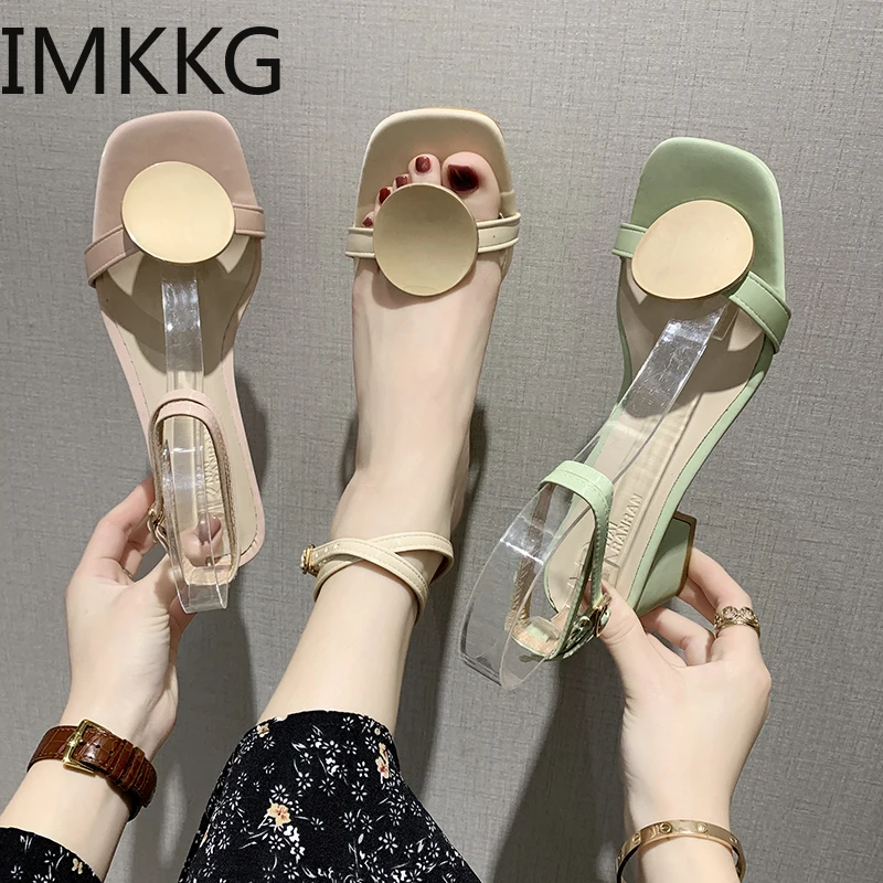 2020 square Heels Women Sandals Summer Shoes Open Toe High metal decoration sandals solid sandals|Боссоножки и сандалии| |