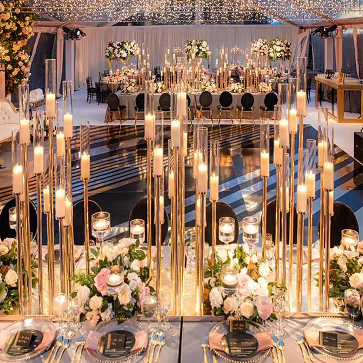 

Classic tea light gold metal clear acrylic hurricane candle holders for Electronic candles wedding wall backdrop event decor