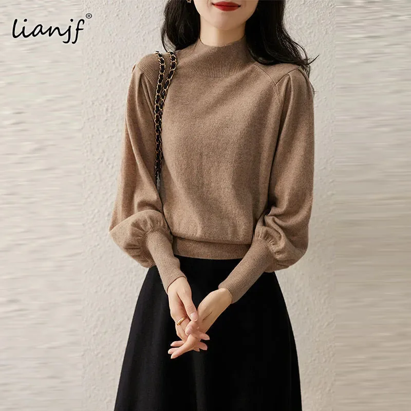 

Элегантные, мягкие, прочные, вязаные свитера с высоким воротом Для женщин тонкий Фонари на рукавах эластичный пуловер Винтаж Y2k свитера